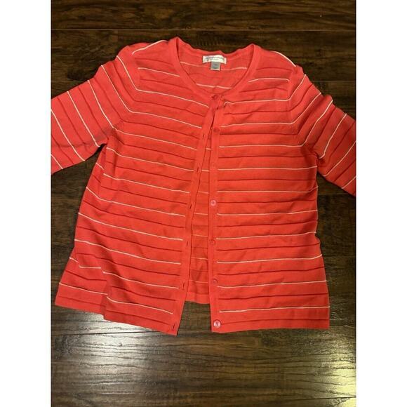 Christopher Banks Striped Knit 3/4Sleeve Cardigan Sweater Sz. M Coral - Picture 2 of 4